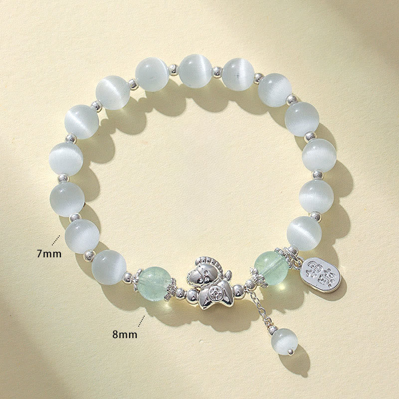 Natural Cat's Eye Gemstone Fu and Horse Symbol Beaded Bracelet
