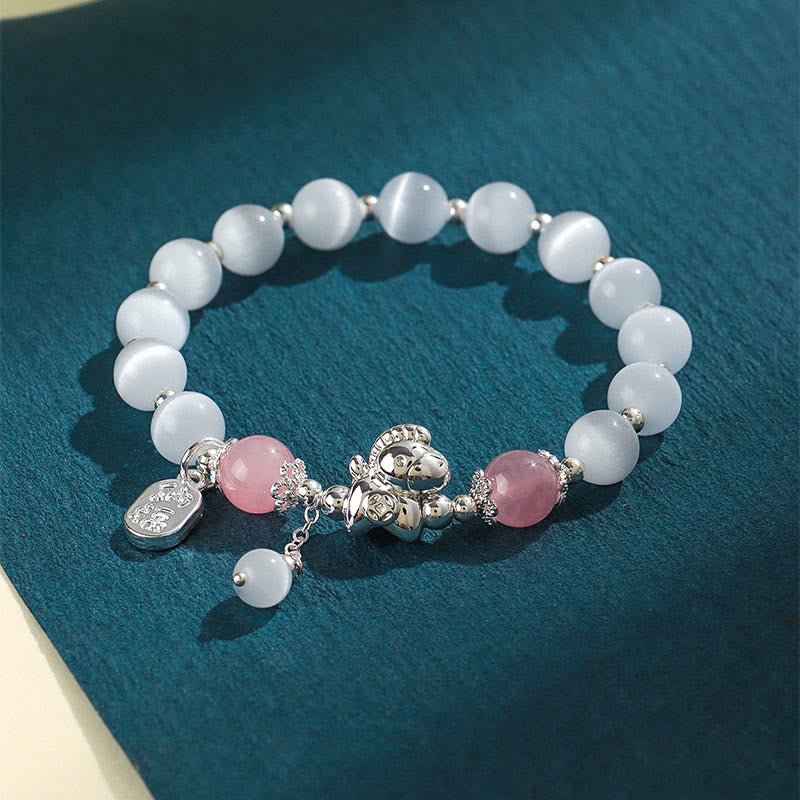 Natural Cat's Eye Gemstone Fu and Horse Symbol Beaded Bracelet