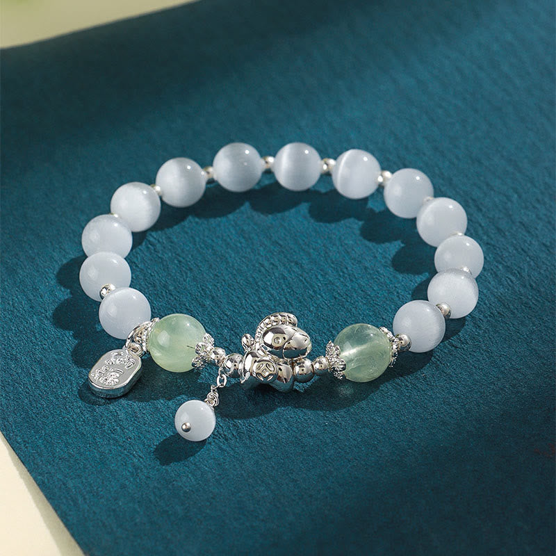 Natural Cat's Eye Gemstone Fu and Horse Symbol Beaded Bracelet