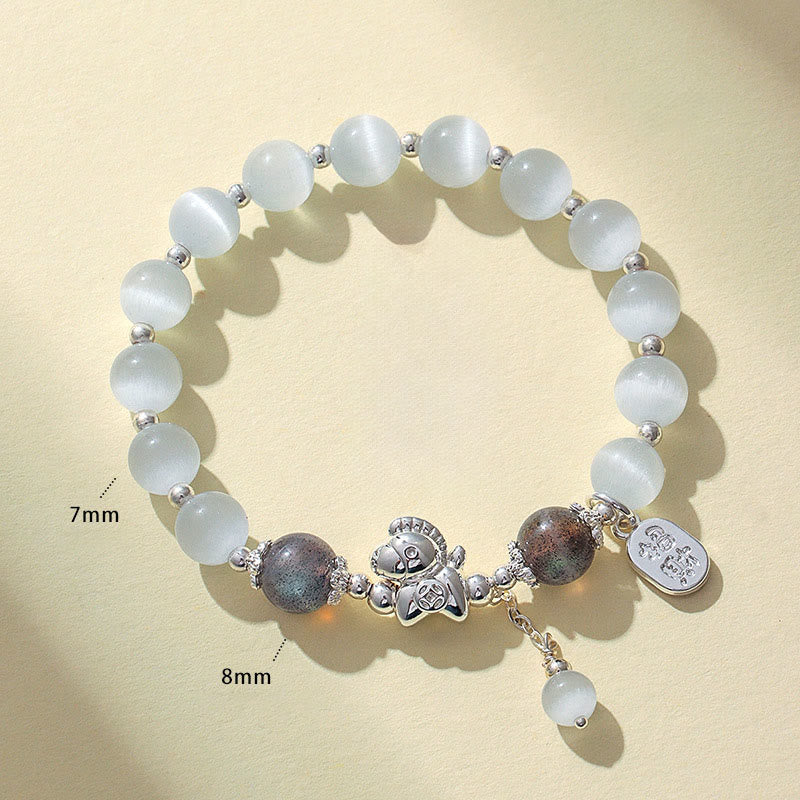Natural Cat's Eye Gemstone Fu and Horse Symbol Beaded Bracelet