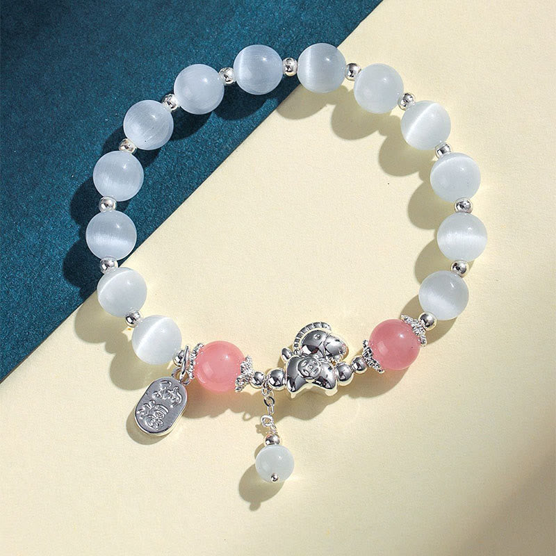 Natural Cat's Eye Gemstone Fu and Horse Symbol Beaded Bracelet