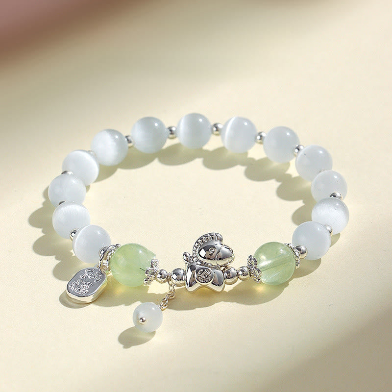 Natural Cat's Eye Gemstone Fu and Horse Symbol Beaded Bracelet