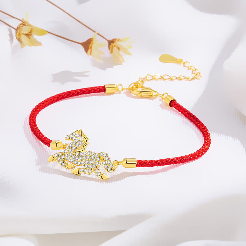 18K Gold Plated 925 Sterling Silver Red String Horse Bracelet with Zircon