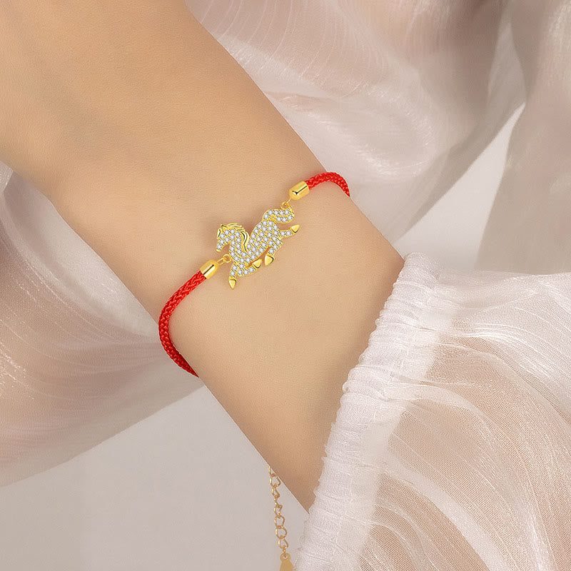 18K Gold Plated 925 Sterling Silver Red String Horse Bracelet with Zircon