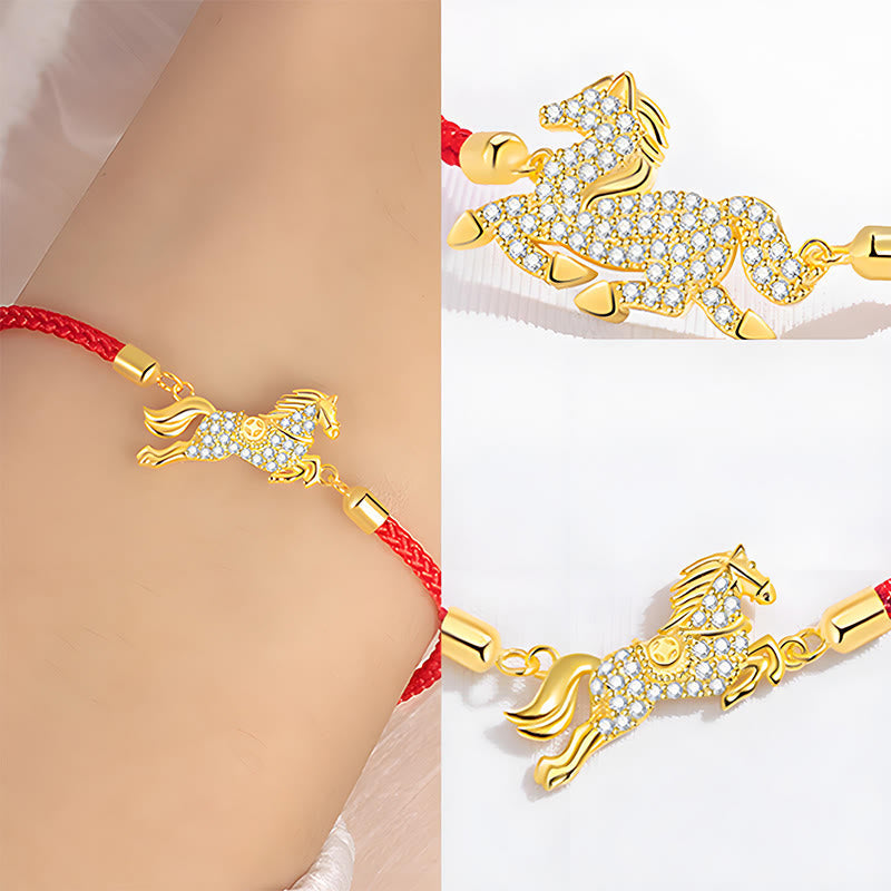 18K Gold Plated 925 Sterling Silver Red String Horse Bracelet with Zircon
