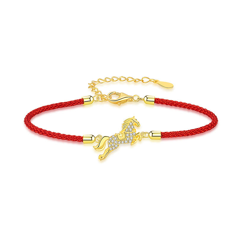Chinese Zodiac Year Of The Horse 925 Sterling Silver Golden Red String Luck Bracelet