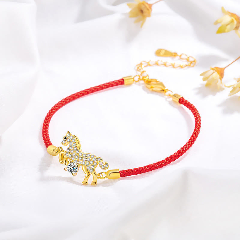 925 Sterling Silver & Gold Zircon Horse Adjustable Red String Bracelet