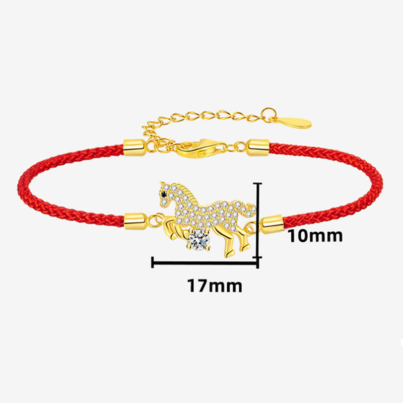 925 Sterling Silver & Gold Zircon Horse Adjustable Red String Bracelet