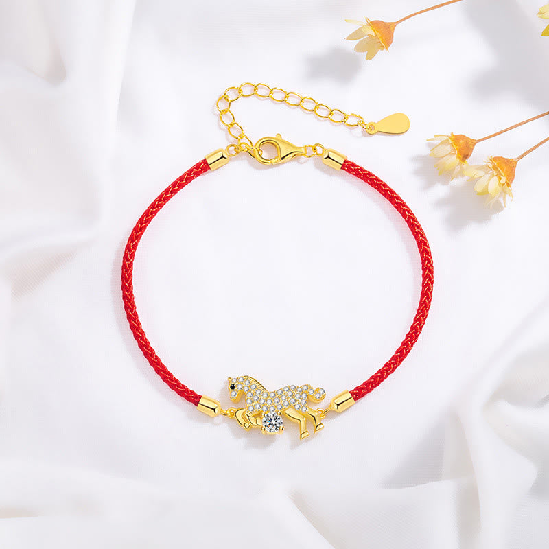 925 Sterling Silver & Gold Zircon Horse Adjustable Red String Bracelet