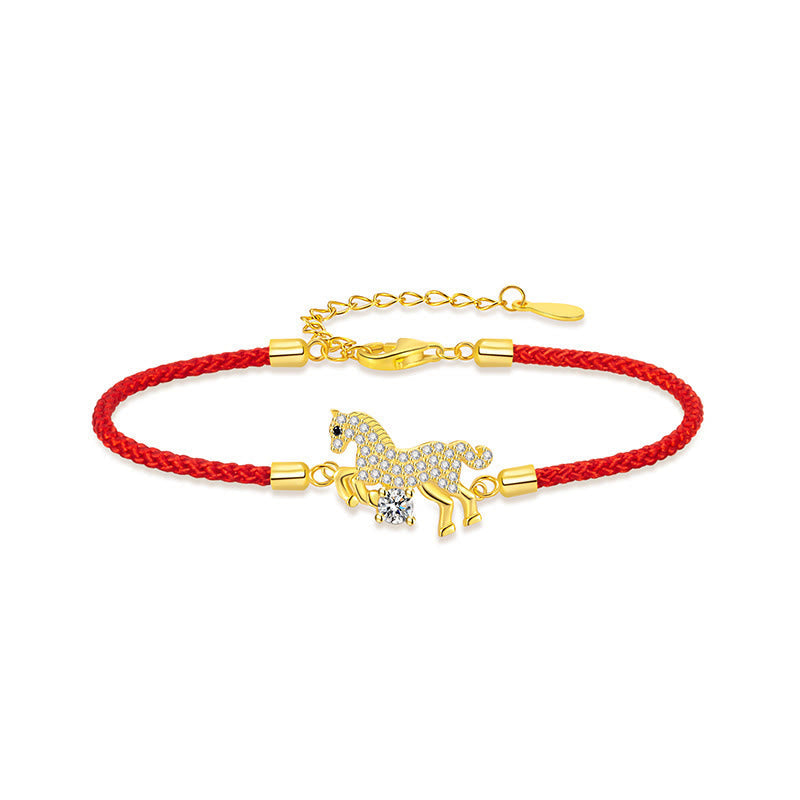 925 Sterling Silver & Gold Zircon Horse Adjustable Red String Bracelet