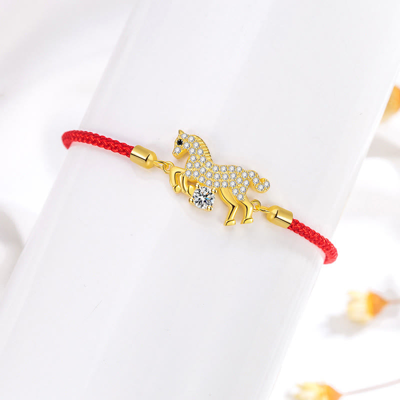 925 Sterling Silver & Gold Zircon Horse Adjustable Red String Bracelet