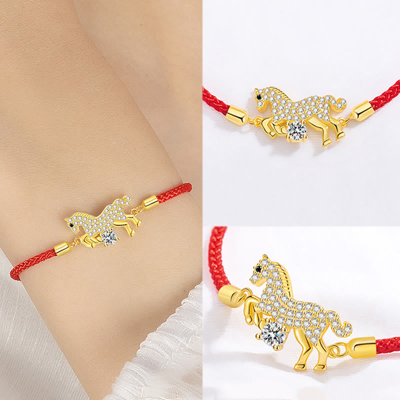 925 Sterling Silver & Gold Zircon Horse Adjustable Red String Bracelet