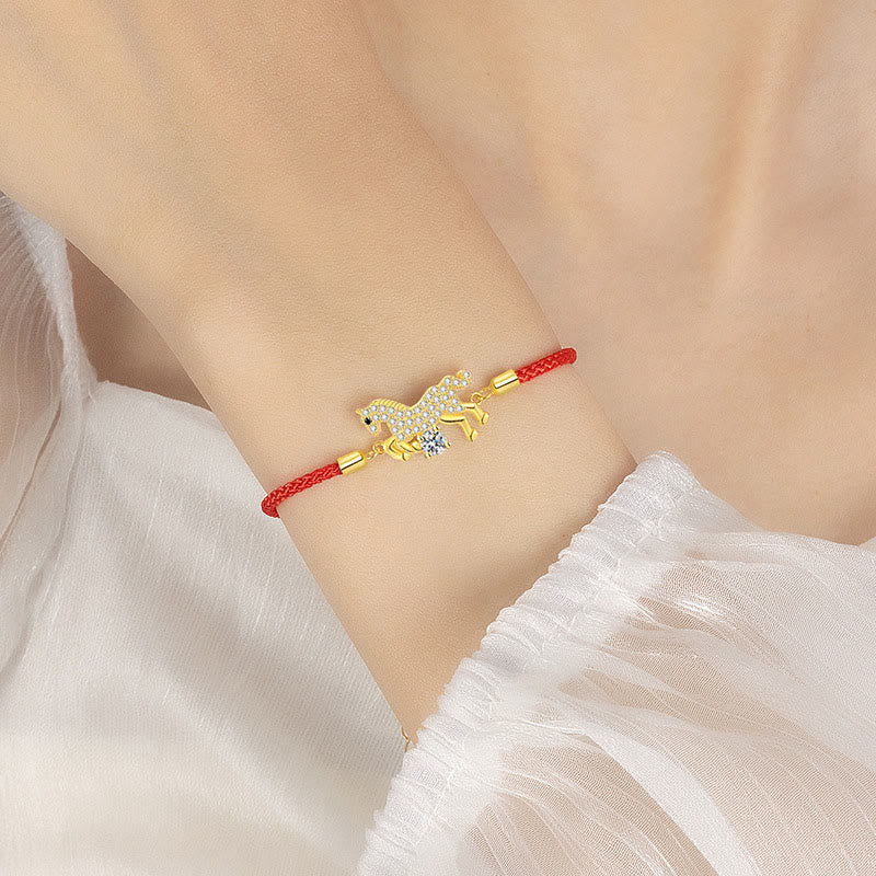 925 Sterling Silver & Gold Zircon Horse Adjustable Red String Bracelet
