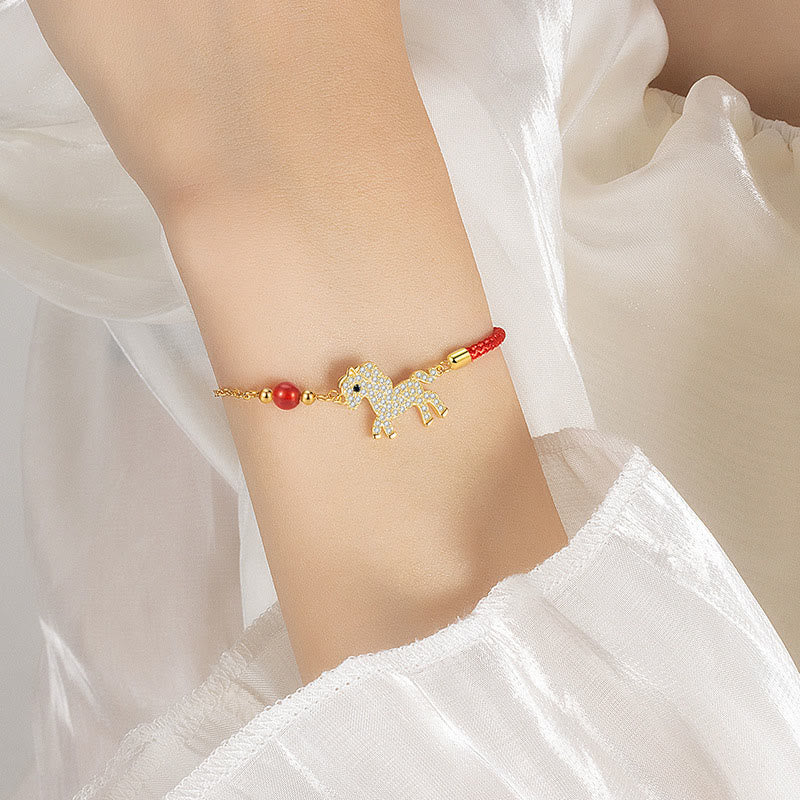 18k Gold & Sterling Silver Year of the Horse Red String Zircon Adjustable Bracelet