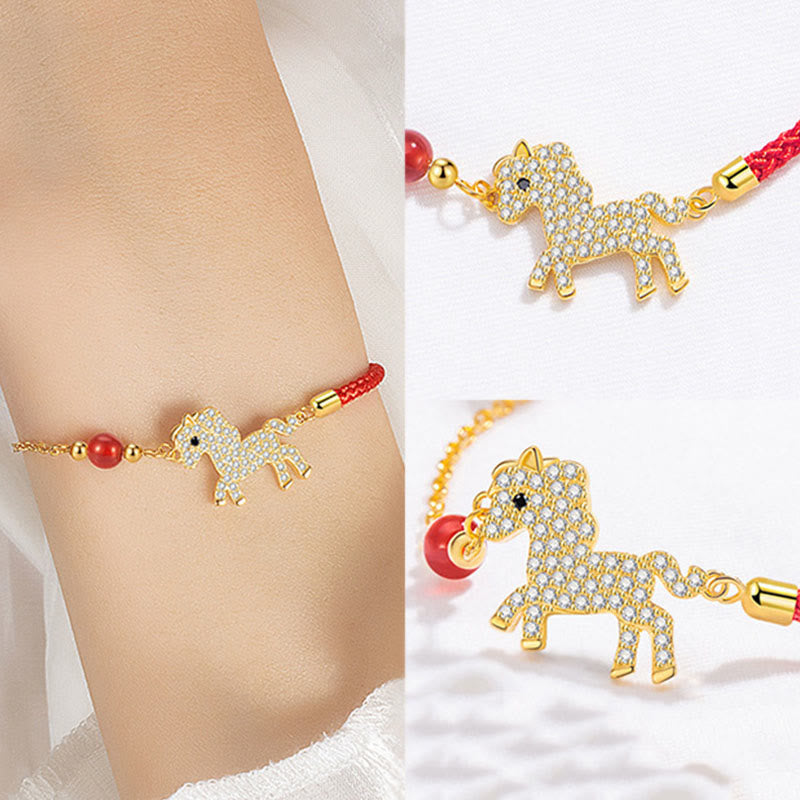 18k Gold & Sterling Silver Year of the Horse Red String Zircon Adjustable Bracelet