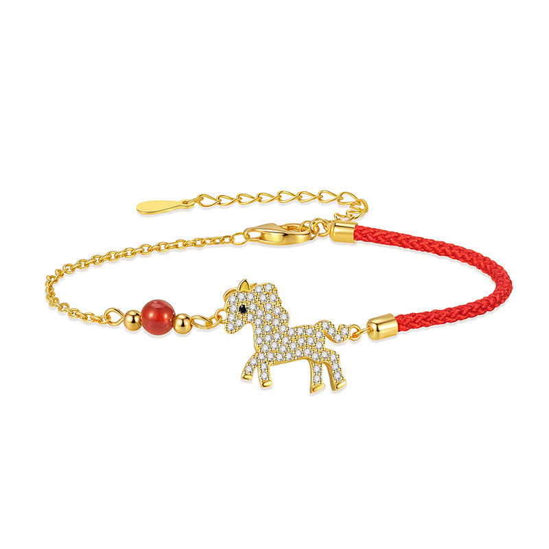 18k Gold & Sterling Silver Year of the Horse Red String Zircon Adjustable Bracelet