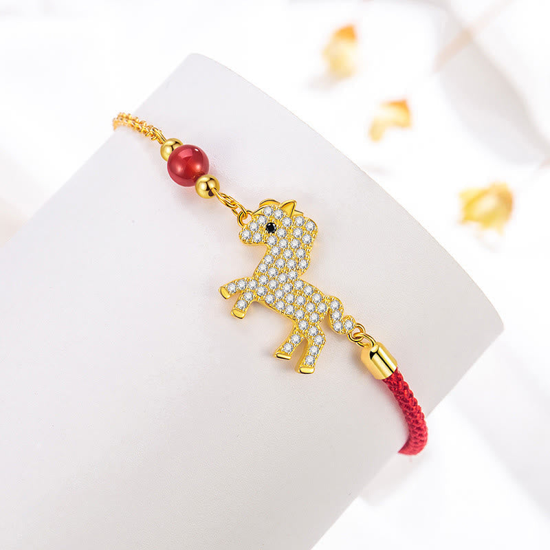 18k Gold & Sterling Silver Year of the Horse Red String Zircon Adjustable Bracelet