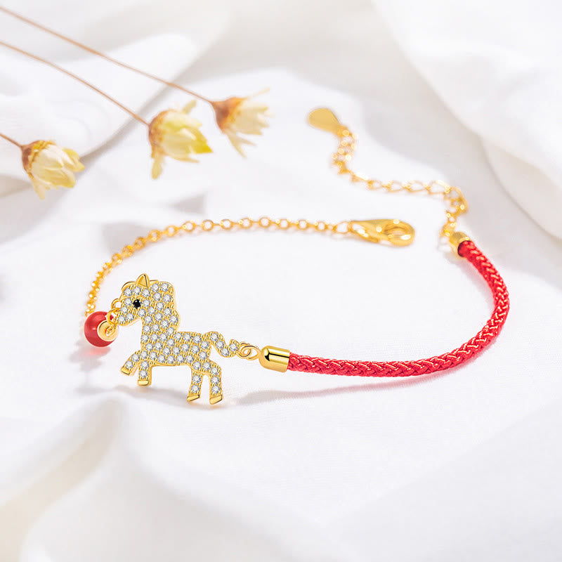 18k Gold & Sterling Silver Year of the Horse Red String Zircon Adjustable Bracelet