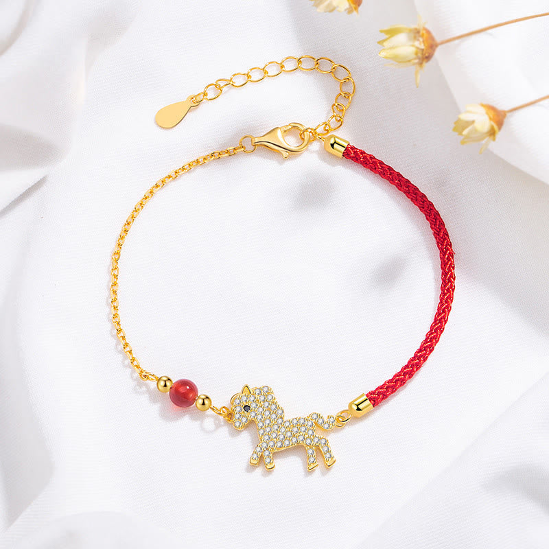 18k Gold & Sterling Silver Year of the Horse Red String Zircon Adjustable Bracelet