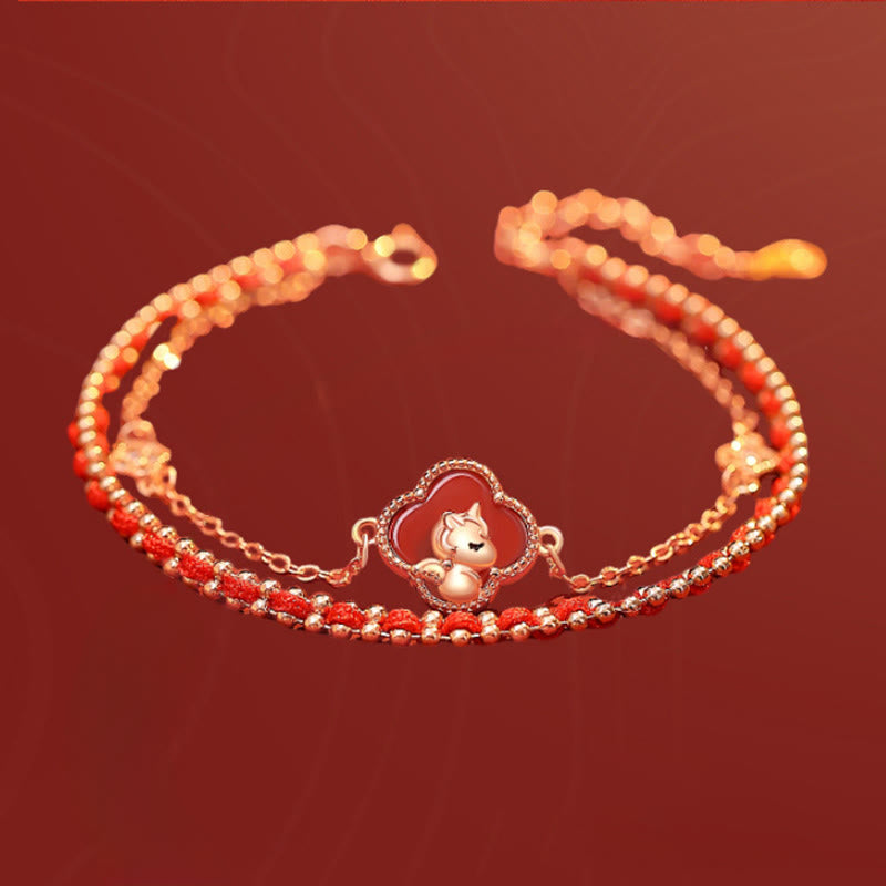 Year of the Horse 925 Sterling Silver Red String Hetian Jade & Agate Bracelet