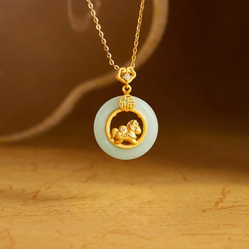 925 Sterling Silver Year Of The Horse Hetian Jade Peace Buckle Luck Necklace Pendant