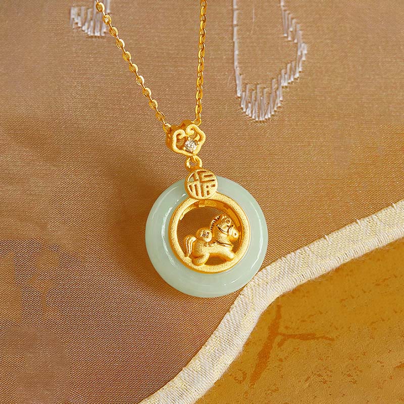 925 Sterling Silver Year Of The Horse Hetian Jade Peace Buckle Luck Necklace Pendant