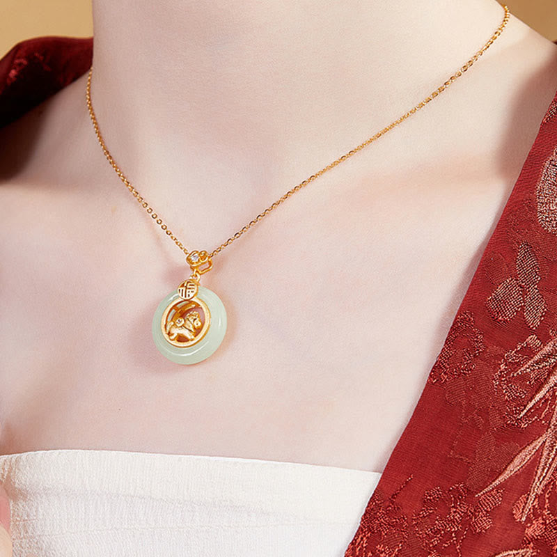 925 Sterling Silver Year Of The Horse Hetian Jade Peace Buckle Luck Necklace Pendant