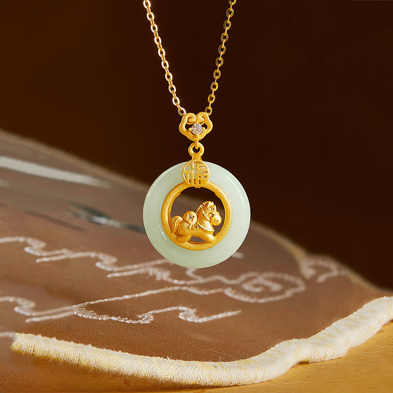 925 Sterling Silver Year Of The Horse Hetian Jade Peace Buckle Luck Necklace Pendant