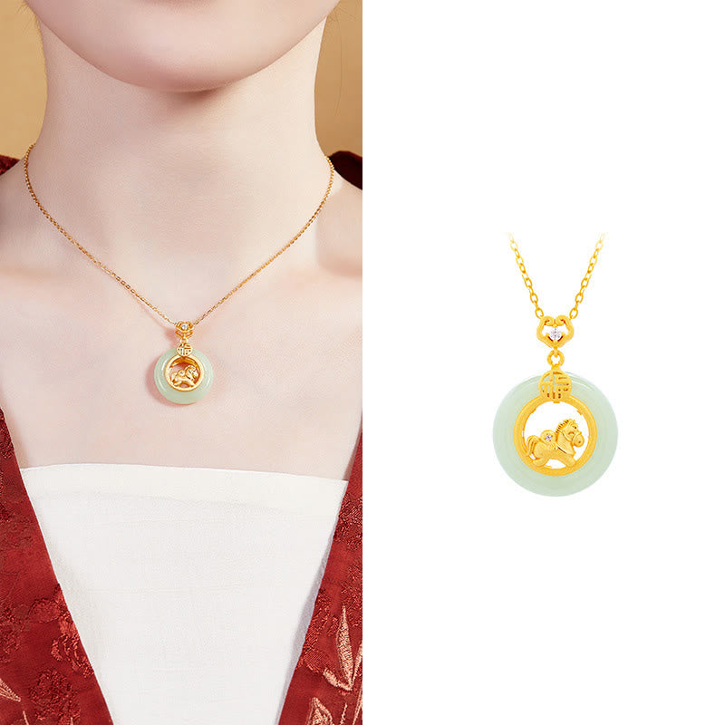 925 Sterling Silver Year Of The Horse Hetian Jade Peace Buckle Luck Necklace Pendant