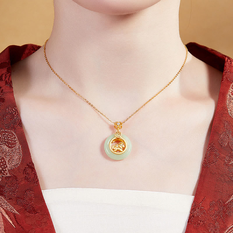 925 Sterling Silver Year Of The Horse Hetian Jade Peace Buckle Luck Necklace Pendant