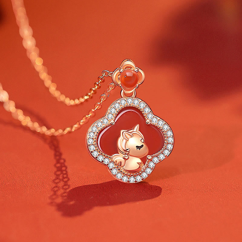 925 Sterling Silver Year Of The Horse Four Leaf Clover Red Agate Calm Necklace Pendant