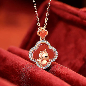 925 Sterling Silver Year Of The Horse Four Leaf Clover Red Agate Calm Necklace Pendant