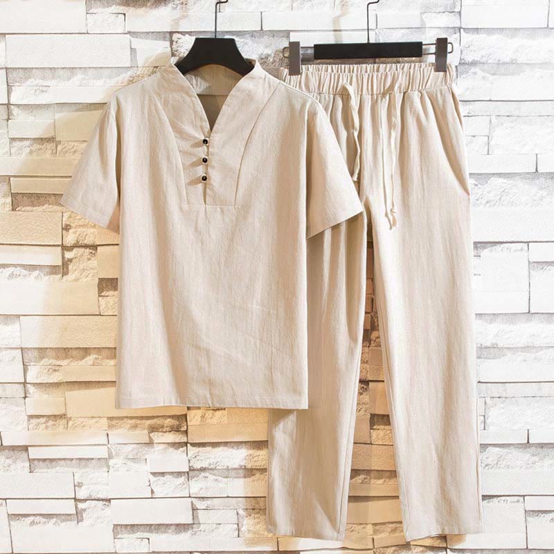2Pcs Solid Color Cotton Button Short Sleeve T-shirt Pants Men's Set