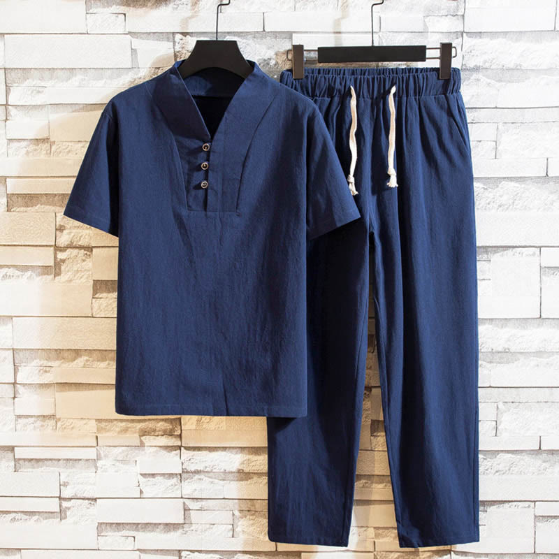 2Pcs Solid Color Cotton Button Short Sleeve T-shirt Pants Men's Set