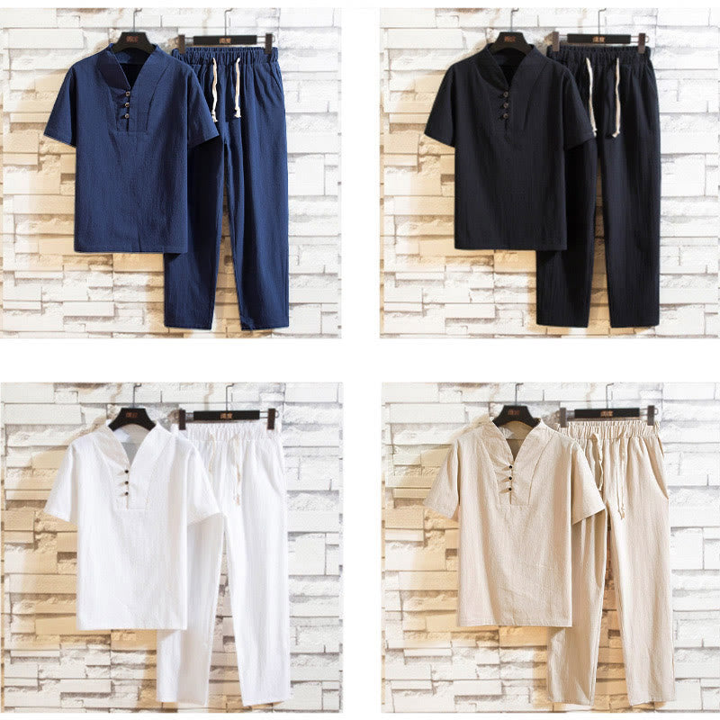 2Pcs Solid Color Cotton Button Short Sleeve T-shirt Pants Men's Set