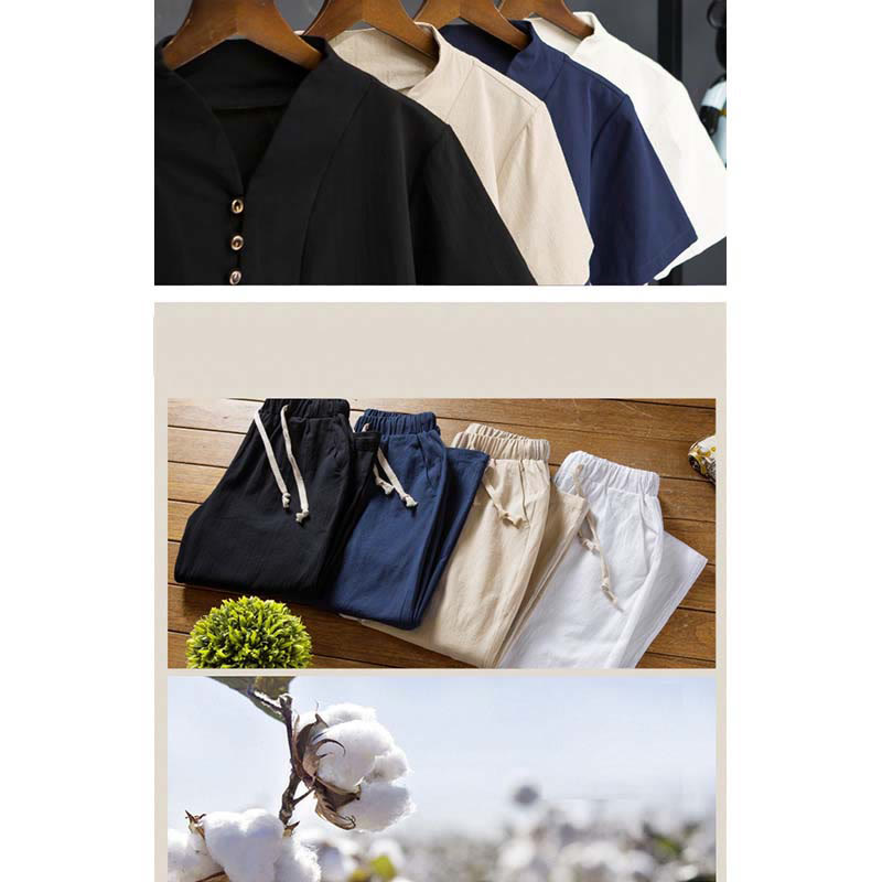 2Pcs Solid Color Cotton Button Short Sleeve T-shirt Pants Men's Set