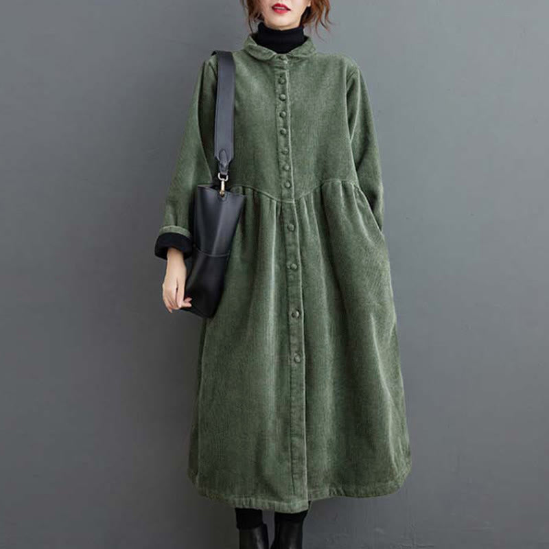 Plain Buttons Long Sleeve Women's Cotton Corduroy Fleece-Lined Coat With Pockets