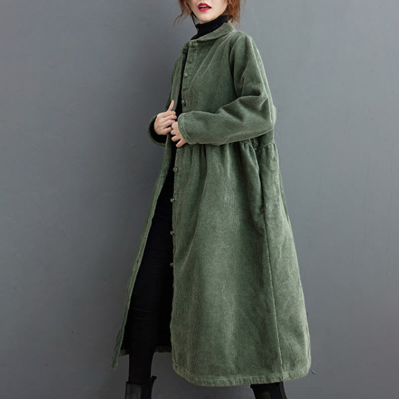 Plain Buttons Long Sleeve Women's Cotton Corduroy Fleece-Lined Coat With Pockets