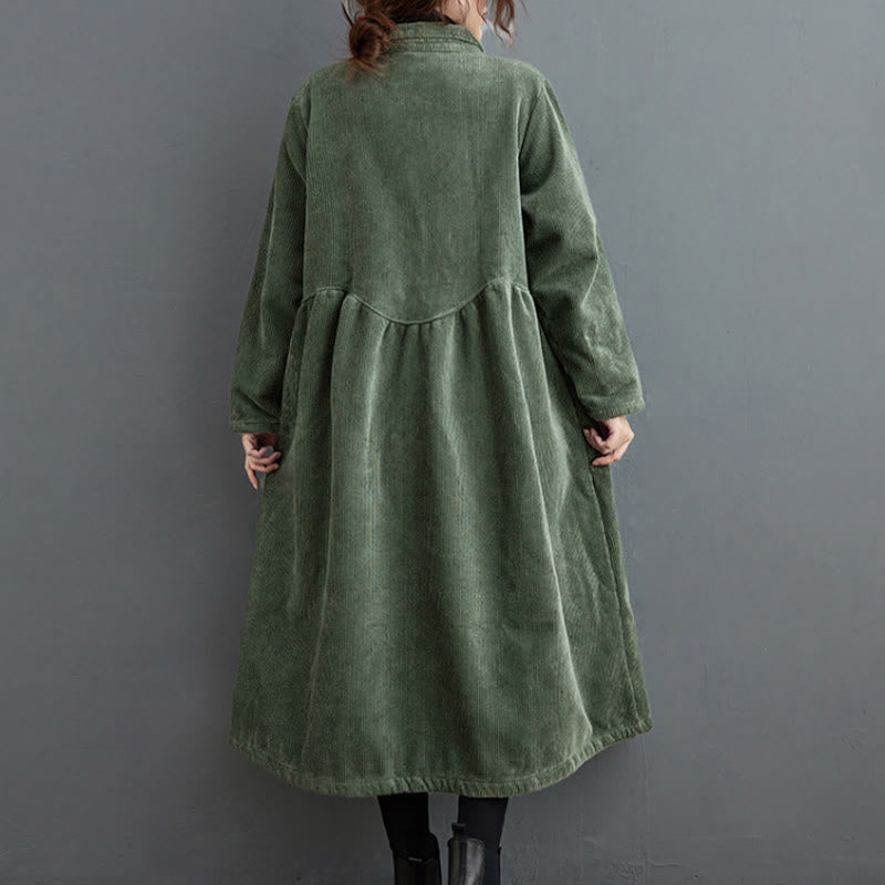 Plain Buttons Long Sleeve Women's Cotton Corduroy Fleece-Lined Coat With Pockets