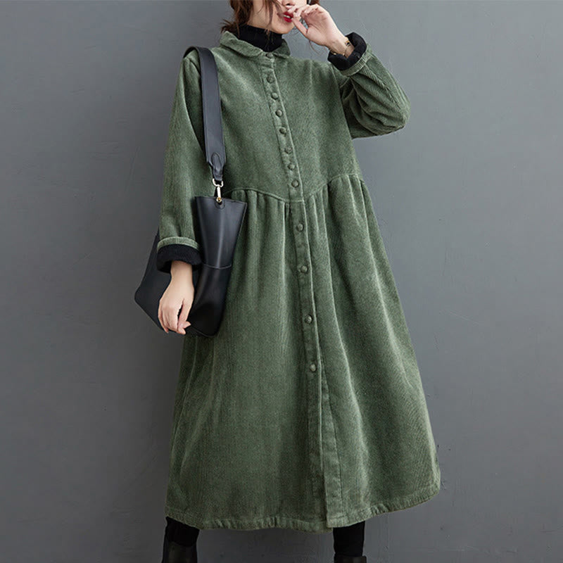 Plain Buttons Long Sleeve Women's Cotton Corduroy Fleece-Lined Coat With Pockets
