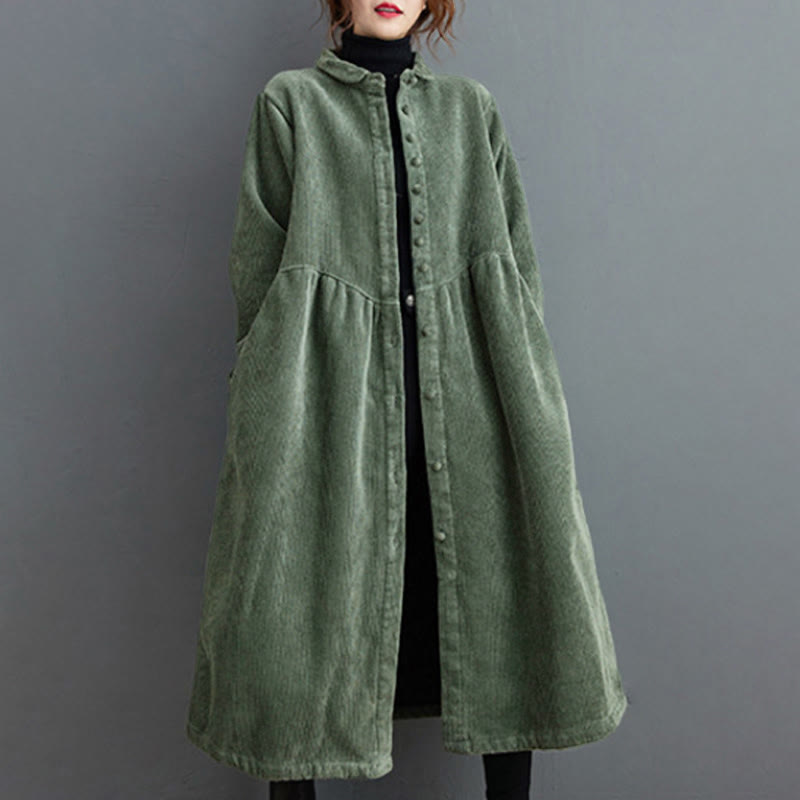 Plain Buttons Long Sleeve Women's Cotton Corduroy Fleece-Lined Coat With Pockets