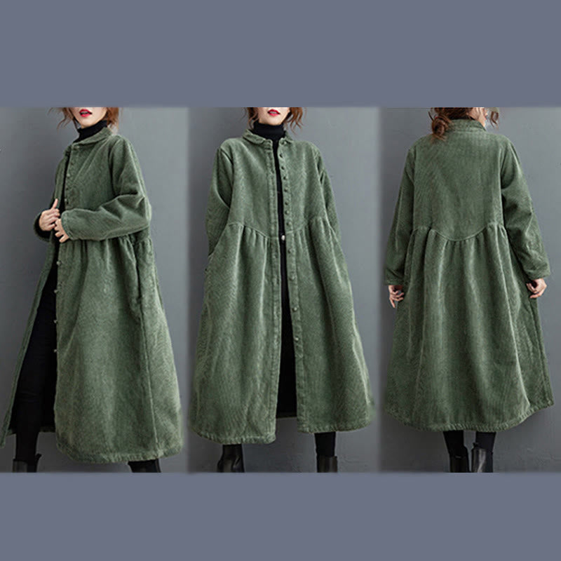 Plain Buttons Long Sleeve Women's Cotton Corduroy Fleece-Lined Coat With Pockets
