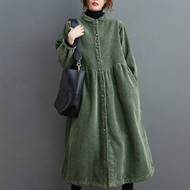 Plain Buttons Long Sleeve Women's Cotton Corduroy Fleece-Lined Coat With Pockets