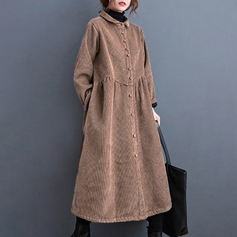 Plain Buttons Long Sleeve Women's Cotton Corduroy Fleece-Lined Coat With Pockets