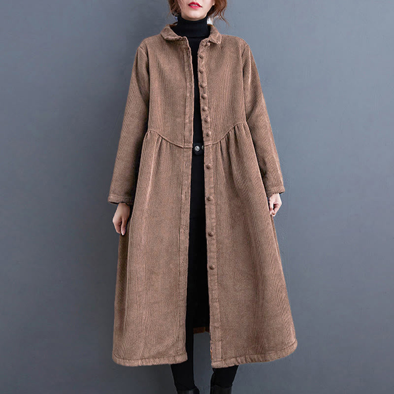 Plain Buttons Long Sleeve Women's Cotton Corduroy Fleece-Lined Coat With Pockets