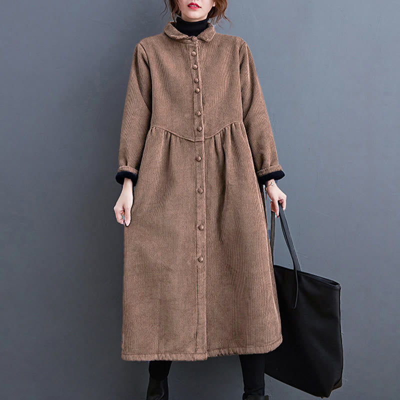 Plain Buttons Long Sleeve Women's Cotton Corduroy Fleece-Lined Coat With Pockets