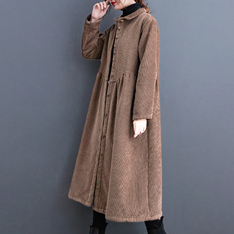 Plain Buttons Long Sleeve Women's Cotton Corduroy Fleece-Lined Coat With Pockets