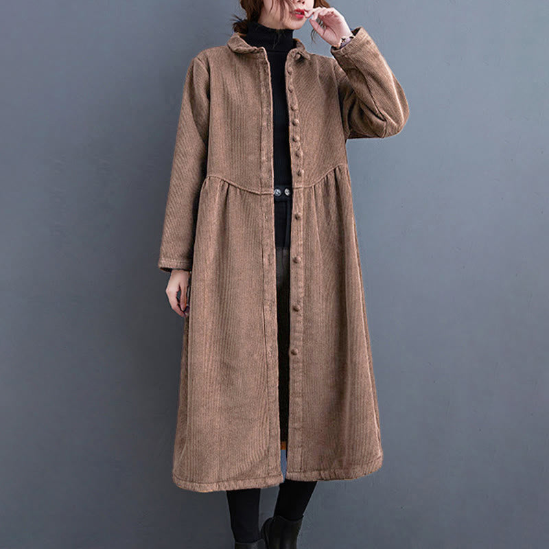 Plain Buttons Long Sleeve Women's Cotton Corduroy Fleece-Lined Coat With Pockets
