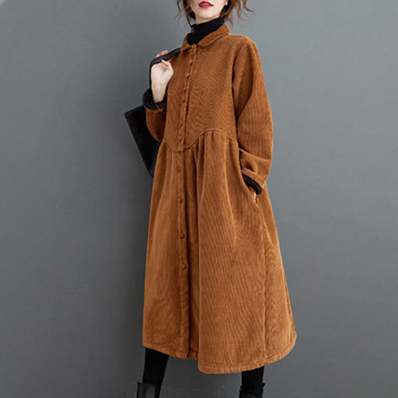 Plain Buttons Long Sleeve Women's Cotton Corduroy Fleece-Lined Coat With Pockets