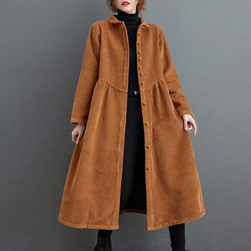 Plain Buttons Long Sleeve Women's Cotton Corduroy Fleece-Lined Coat With Pockets
